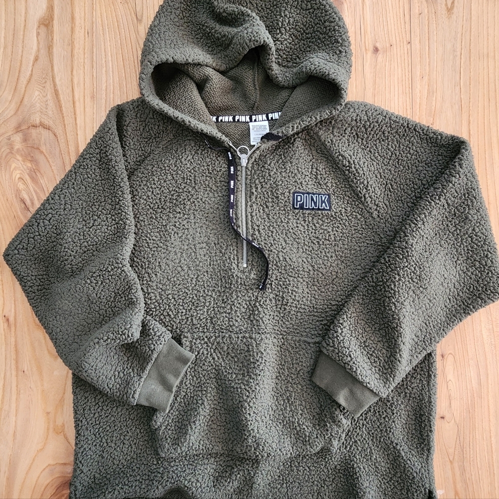 Victoria's Secret PINK Olive Green Sherpa Varsity Fleece Half-Zip - LG - Picture 3 of 7